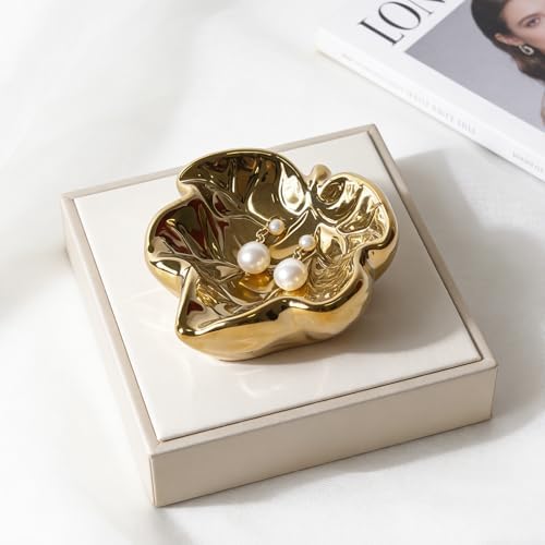 3.5' Golden Cute Leaves Ceramic Jewelry Tray for Dressing Table - Image 6