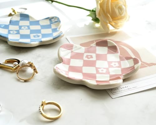 Pink Checkered Jewelry Dish, Cute Flower Trinket Tray for Rings & Earrings, Trendy Teen Girls Birthday Gifts, Aesthetic Room Decor for Nightstand Vanity Bathroom Sink & Dorm Desk, 3.8" - Image 6