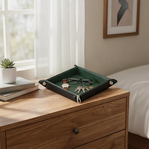 Valet Tray Desktop Storage Organizer – Vegan Leather Catchall Tray Bedside Vanity Tray Nightstand Caddy Holder for Remote Controller, Watch, Keys, Phone, Wallet, Coin, Jewelry, Midnight Green - Image 7