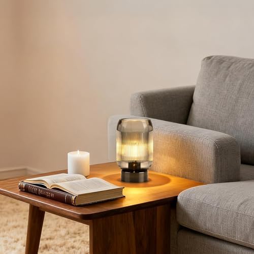 Small Battery Operated Lamp with Timer, Ribbed, Black - Image 7