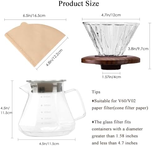 Pour Over Coffee Maker, 20 oz Borosilicate Glass Carafe with 100 pcs Size 02 Paper Filter, Walnut Handle & Glass Lid, 600 ml, Clear - Image 6