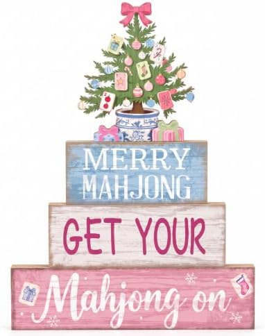 Moucuny 4 Pcs Christmas Mahjong Table Decor Merry Mahjong Wooden Signs by Moucuny