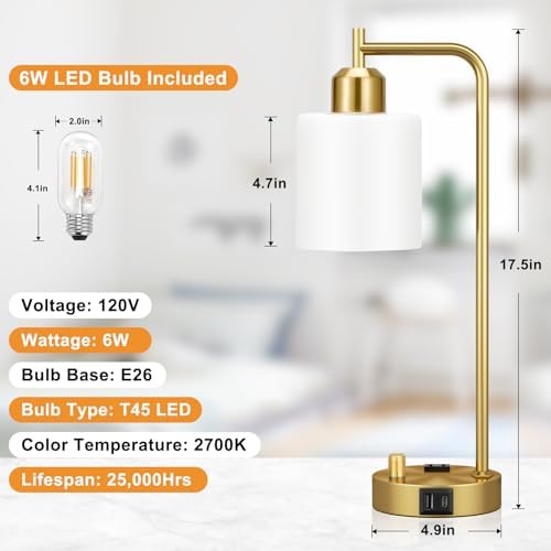 Innqoo Gold Lamp for Bedroom - Industrial Bedside Table Lamp with USB Port and Outlet, Fully Dimmable Nightstand Lamp with Opal Glass Shade, Small Desk Lamps for Home Office - Image 7