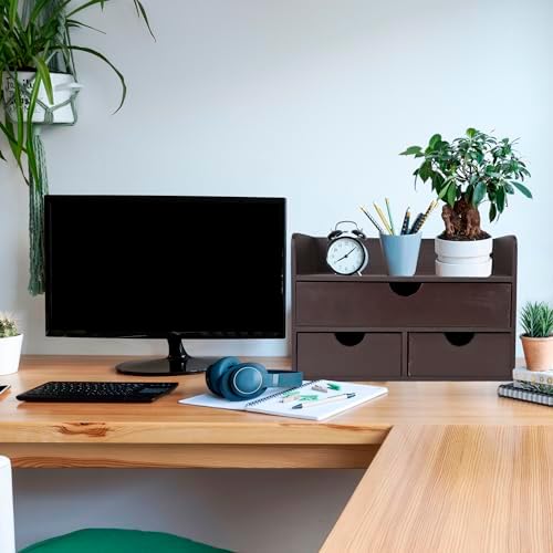 Besti Wooden Office Desk Organizer - Organizing Tool for Desktop, Cubicle, Bedroom, Kitchen - Vintage Style Organization Caddy with Top Tray Shelf & 3 Drawers - 13.6x9x7 Inches (Dark Brown) - Image 7