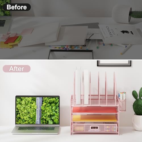 Marbrasse Desk Organizers, 4-Tier Mesh Desk File Organizer with 5 Vertical File Holders and 2 Pen Holders, Multifunction Desktop Organizer,Desk Organizers and Accessories for Home Office (Pink) - Image 6
