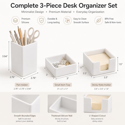 minimaliving Aesthetic Silicone Desk Organizer Set of 3,Modern Office Desk Accessories with Pen Holder,Paperclip Tray,Sticky Note Holder,Stylish Functional Office Desk Decor for Back-to-school(White) - Image 7