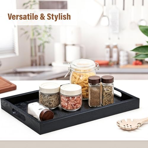 Wooden Serving Tray with Handles, 16.9 Inch Coffee Table Tray for Daily Use, Farmhouse Wood Tray for Breakfast, Lunch, Dinner, Home Kitchen Dining Tabletop Decor, Ottoman Decorative Tray, Black - Image 7