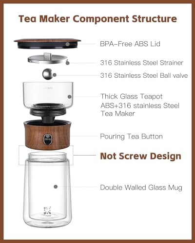 ZENS Glass Infuser Teapot, One Touch Tea Maker for Loose Leaf Tea, Walnut - Image 6