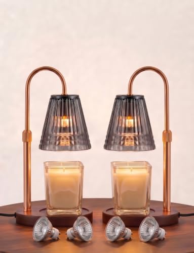 Candle Warmer Lamp with Timer & Dimmer, Adjustable Height Glass Candle Lamps for Jar Candles, Smoky Grey Shade Brass Electric Wax Melter with 4 Bulbs (2 Pack) by Unknown