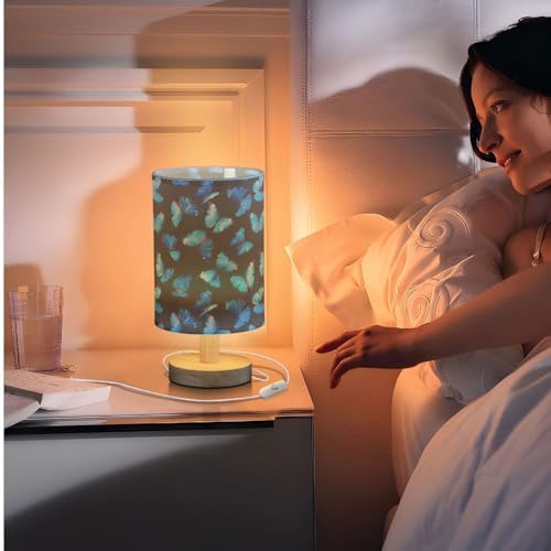 Fustylead Vibrant Flying Blue Butterflies Bedside Table Lamps with USB Port for Bedroom Lamp Accent Table Lamp Small Nightstand Lamp Sturdy Linen Shade Wooden Base Decorative Lamps for Home|Kids|Dome - Image 7