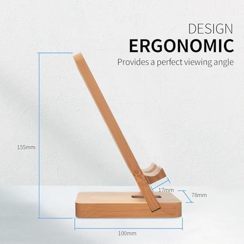 Wood Phone Stand with Mirror, Desktop Wooden Phone Holder, Portable Office Phone Stand for Desk, Wood ipad Stand, Compatible with iPhone & All Cell Phones(Bamboo wiht Mirror) - Image 7