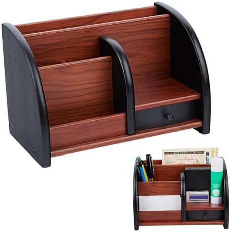 Wood Desk Organizer Walnut Brown Table Top Organizer Wooden Desktop Storage for Pens Office Supplies and Small Items. - Image 6