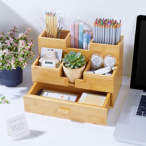Bamboo Desk Organizer - Countertop Drawers Organizer Tabletop Storage Organization Makeup & Pen Storage with Drawer & Pencil Holder for Office Organization - Image 6