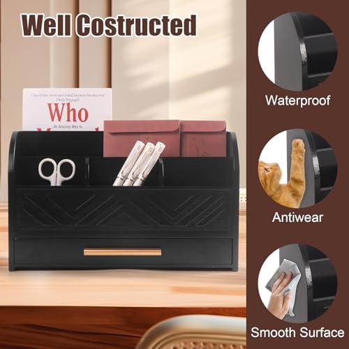 Charmewooden Black Desktop Organizer with Drawer Storage, White Desk Organizer Mail Holder Mail Organizer Countertop Pen Holder Letter Sorter Make up Organizer for School Home Office Supplies - Image 6