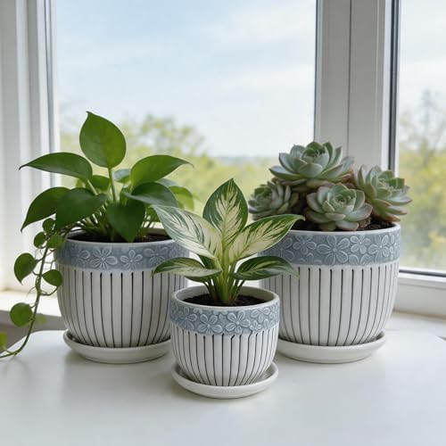 Vintage Flower Pots for Indoor Plant, Round Ceramic Plant Pots with Drainage Holes and Saucers, 6.7/5.2/3.9 Inches Retro Flower Planters Set of 3 - Image 7