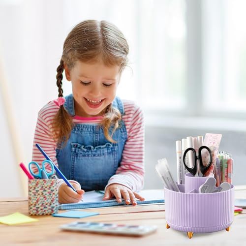 Cayxenful Pencil Holder For Desk,5 Slots 360°Degree Rotating Desk Organizers And Accessories,Desktop Storage Stationery Supplies Organizer, Cute Pencil Cup Pot For Office, School, Home (I-Purple) - Image 7