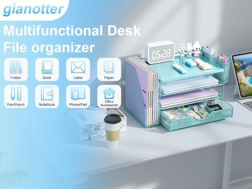 gianotter Wood Desk Organizers and Accessories with File Holder, 4-Tier Desk Accessories & Workspace Organizers with Drawer and 2 Pen Holder, Desk Reference Organizer (Blue, 4T with Metal Drawer) - Image 7