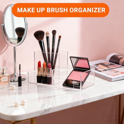 Pen Holder for Desk Clear Pencil Holder with Sticky Notes Holder Acrylic 3 Compartments Desk Organizer Office Desk Accessories for Office, School, Home, Makeup Brush Holder for Bedroom Bathroom - Image 7