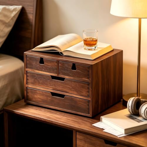 DEAYOU Bamboo Desk Organizer, 100% Natural Bamboo Desktop Drawer Organizer, Dark Brown Tabletop Storage Cabinet Organization Box with 4 Drawer for Makeup, Letter, Home, 3 Layer, Fully Assemble - Image 7