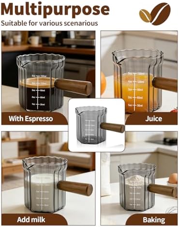 Espresso Measuring Cup 5 Oz, Espresso Glass Cups with Wood Handle, Milk Frothing Cup, Espresso Cup for Coffee, Milk, Tea or Maple Syrup Serving (Gray, 5 oz) - Image 7