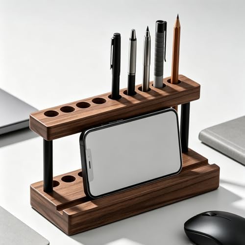 Pencil & Pen Holder for Desk, Solid Walnut Pen Display Stand with 9 Slots and Cell Phone Holder, Aesthetic Pen Organizer for Minimalist Office Desk Decor - Image 7