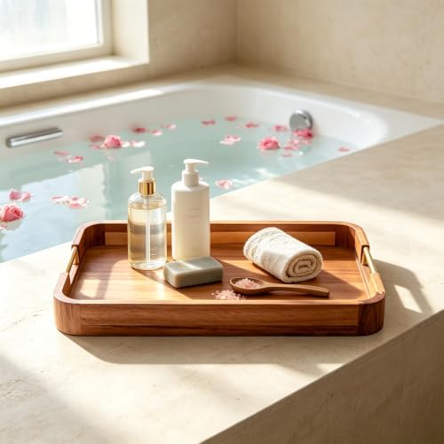 GinSent Wooden Serving Tray with Handles,Wooden Trays for Kitchen Counter Decorative Trays Wood Tray Coffee Table Tray for Living Room House Decor 16.7-INCH with 1.2cm Thickness Wood - Image 7