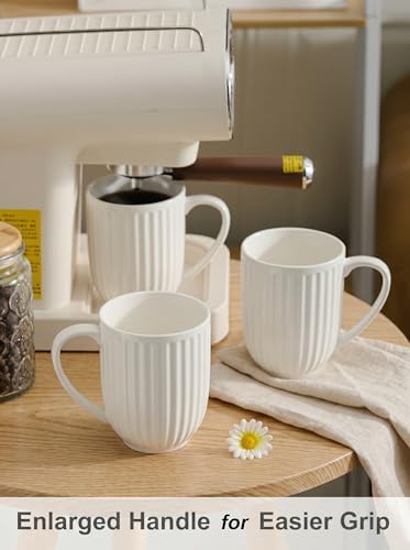 HASENSE Textured Large Coffee Mugs Set of 4, 16 Oz Ribbed Ceramic Cups with Large Handle for Latte Tea Cappuccino, Stackable Embossed Mug Set for Mom Dad, Microwave Dishwasher Safe, Creamy White - Image 6