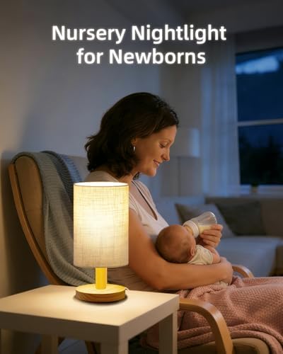 Small Touch Table Lamp for Bedroom, Bedside Lamp for Warm Light LED Desk Lamp, Wood Base Round Flaxen Fabric Shade for Kids Room, Living Room, College Dorm, Home, Office - Image 7