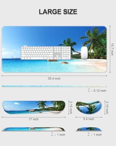 Auhoahsil Large Mouse Pad with Wrist Rests for Keyboard & Mouse, Thick Soft Ergonomic Memory Foam Wrist Supports, Big & Long Desk Mat 35.5 x 15.7 in, for Office Gaming Computer, Beach and Trees - Image 7