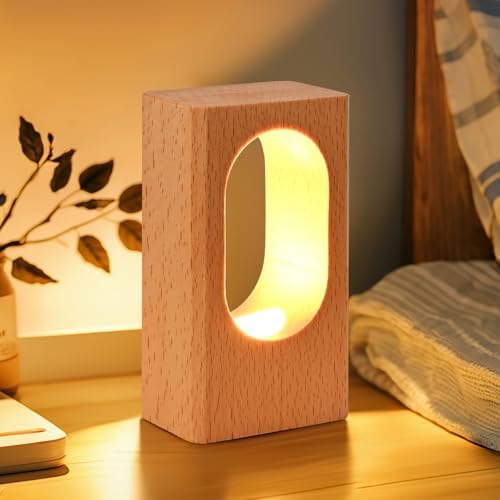 YIEONSHION LED Wood Desk Lamp, Dimmable Bedside Night Light for Bedroom, Creative Wooden Table Lamp, Warm Ambient Lighting, Unique Home Decor & Housewarming Gift - Image 7