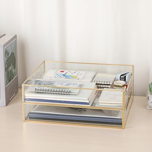 BTSKY 2 Pack Golden Glass Desk Tray, Multi-Purpose Organizer for A4 Paper, Documents, Desk Supplies, Makeup, Clear File Tray with Metal Frame, Stackable Decorative Storage for Home Office Vanity - Image 7