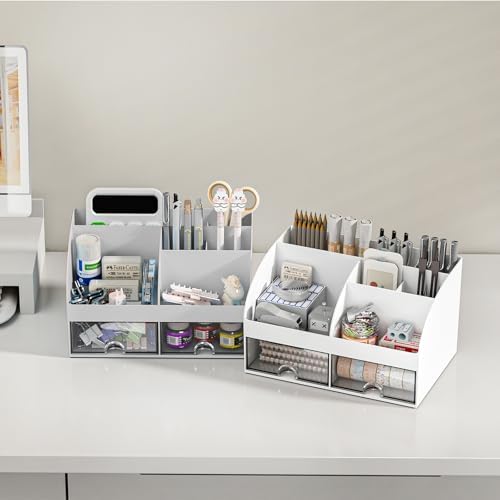 COMFYROOM Desk Organizer with 6 Compartments and 2 Drawers, Plastic Makeup Organizer, Pen Holder for Desktop Storage, Desk Organization for School, Home, Office Supplies (Grey) - Image 5