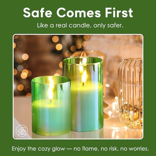 Eywamage Green Glass Flameless Pillar Candles with Remote, Flickering Spring Battery LED Candles Holiday Decor Set of 3 - Image 6