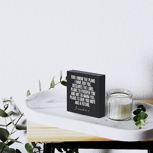 Christian Decor Wood Sign Desk Decor Rustic Motivational Bible Verse Jeremiah 29:11 Black Wooden Box Sign for Home Office Living Room Church Kitchen Bedroom Table Shelf Religious Gifts - Image 6