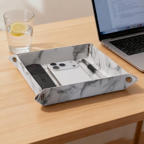 Valet Tray Desktop Storage Organizer – Premium PU Leather Catchall Bedside Vanity Tray Nightstand Caddy Holder for Remote Controller, Keys, Phone, Wallet, Coin, Jewelry,Marble White - Image 6