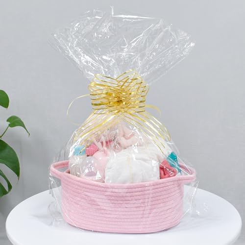 ABenkle Small Basket with Handles, Boho Decorative Rope Woven Dog Cat Toy Storage Bin Shelf Storage Organizer, Easter Christmas Gift Basket, 12"x8"x5", Pink - Image 7