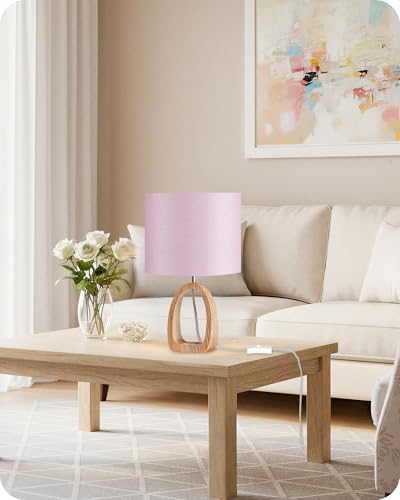 Pink Table Lamp, 14.2" Small Cute Desk Lamp, Wood Bedside Lamp with Pink Linen Lampshade & Natural Wood Base, Modern Nightstand Lamp for Girl's Room, Bedroom, E26 Base, MP07TL05 - Image 7