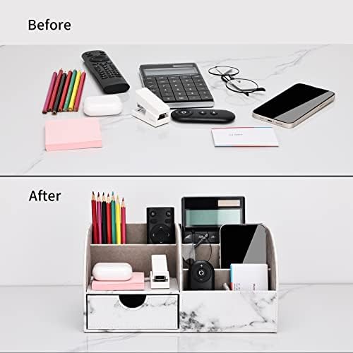 KINGFOM Pu Leather Desk Organizer Pen Pencil Holder Office Supplies Caddy Storage Box 6 Compartments with Drawer Gray Marble - Image 7