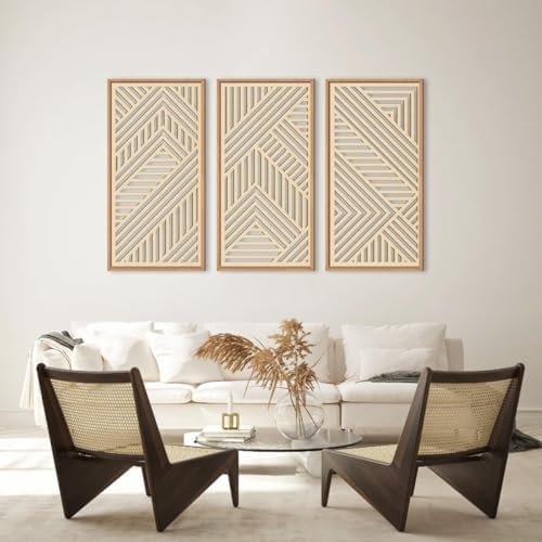 IARTTOP Large Boho Wooden Wall Art 16x32 Inch Framed Mid Century Modern Wood Wall Decor Minimalist Modern Bohemian Decor for Dining Room Living Room Bedroom Set of 3 - Image 6