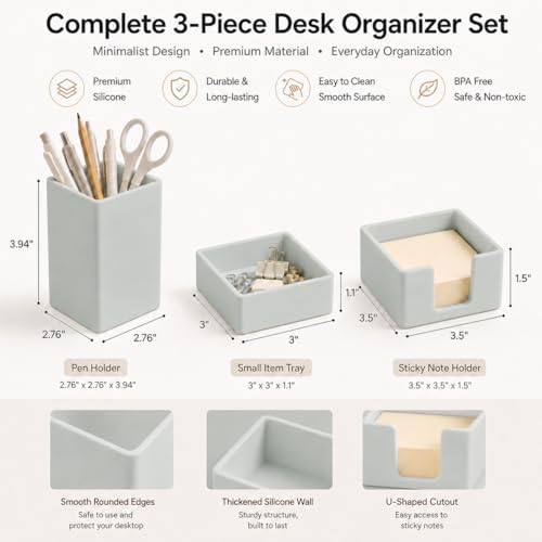 minimaliving Aesthetic Silicone Desk Organizer Set of 3,Modern Office Desk Accessories with Pen Holder,Paperclip Tray,Sticky Note Holder,Stylish Functional Office Desk Decor for Back-to-school(Grey) - Image 7