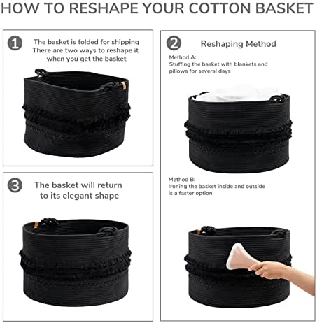 CherryNow 90L Large Woven Rope Blanket Basket with Tassel, 22" x 14", Black - Image 7