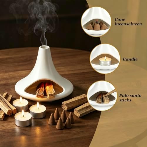Ceramic Palo Santo Holder, Minimalist Smudge Burner with Ash Catcher, Modern Home Meditation Decor (White) - Image 3