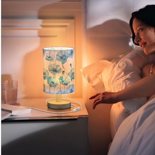Watercolor Light Blue Poppy Flowers Bedside Table Lamps with USB Port for Bedroom Lamp Accent Table Lamp Small Nightstand Lamp Sturdy Linen Shade Wooden Decorative Lamps for Office Dorm Home - Image 7