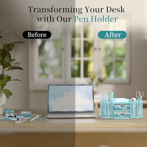 SUPEASY Mesh Desk Organizer, Pen Holder for Desk with 2 Drawers, Blue - Image 7