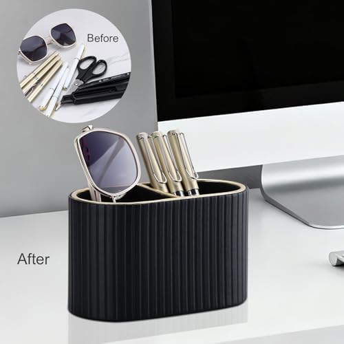 KINGFOM PU Leather Desk Organizer Pen Holder – Dual-Compartment Stylish Pencil Cup Remote Control Holder Desktop Supplies and Accessories Organizer Caddy for Office Home School (Black) - Image 6
