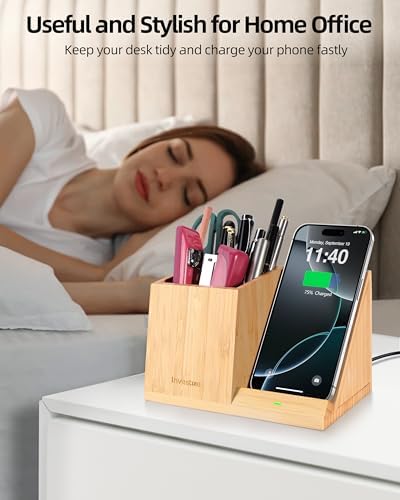 3-in-1 Bamboo Wireless Charger with Desk Organizer, Pen Holder for Desk - Image 6