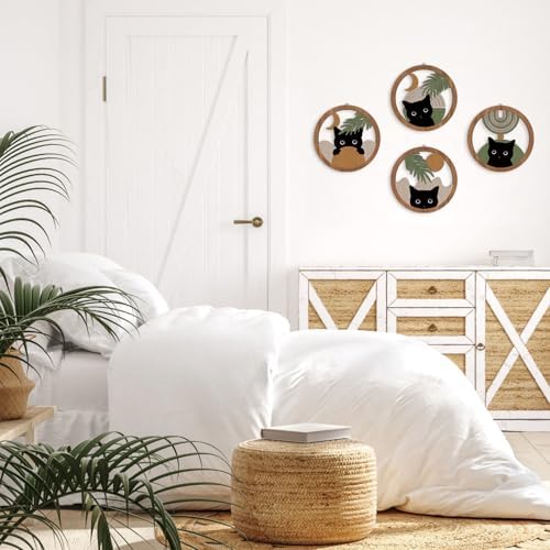 HPNIUB Abstract Mid Century Boho Black Cat Wall Decor-4 Pieces 10''x10'' Farmhouse Geometric Hanging Wooden Wall Art,Bohemian Moon and Sun Wood Sign for Nursery Bedroom Decoration, Lovely Cat Gifts - Image 7