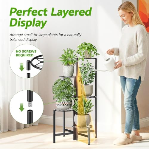 Plant Stand 5 Tier Indoor Metal Flower Shelf for Multiple Plants Corner Tall Flower Holders for Patio Garden Living Room Balcony Bedroom Black Diamond - Image 6