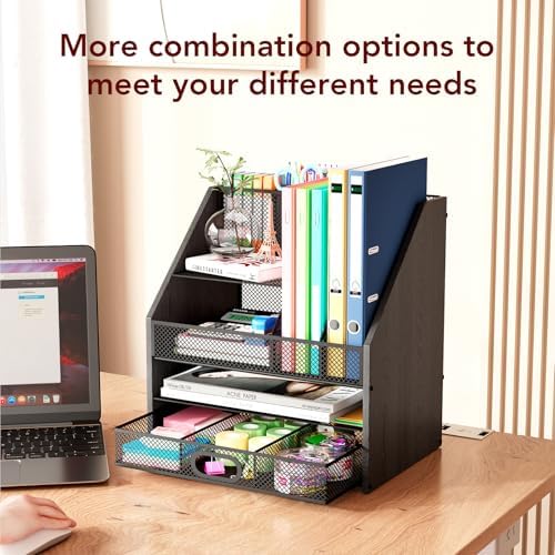 Homsorout Wooden Desk Organizer - Mesh File Organizer with Drawers and Pen Holder - 4-Tier Vertical Paper Letter Storage Tray, Desktop Organizers and Accessories for Home Office (Black - Image 7