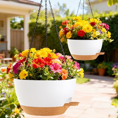 10 Inch Hanging Baskets 2 PC with Chains, Self-Watering Hanging Planters for Indoor Outdoor Plants, Plastic Hanging Flower Pots,White Brown - Image 7